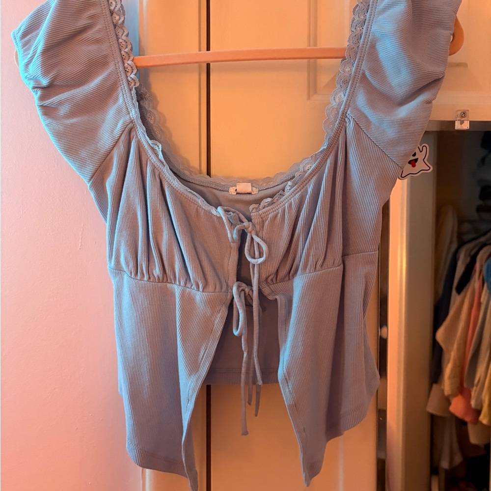 Garage Light Blue Lace-Trim Blouse